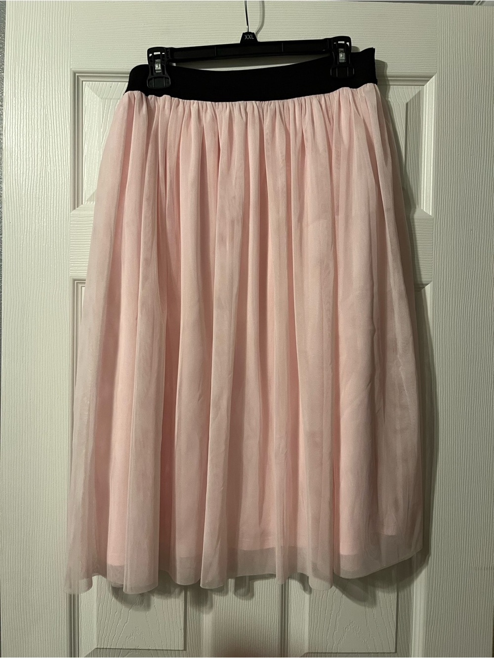 Women's Pink Tulle Midi Skirt with Black Elastic Waist